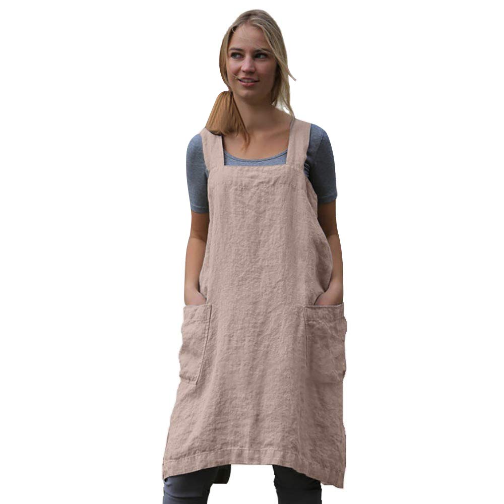 Women 'S Pinafore Square Apron Baking Cooking Gardening Works Cross Back Cotton/Linen Blend Dress With 2 Pockets Pink-Xl