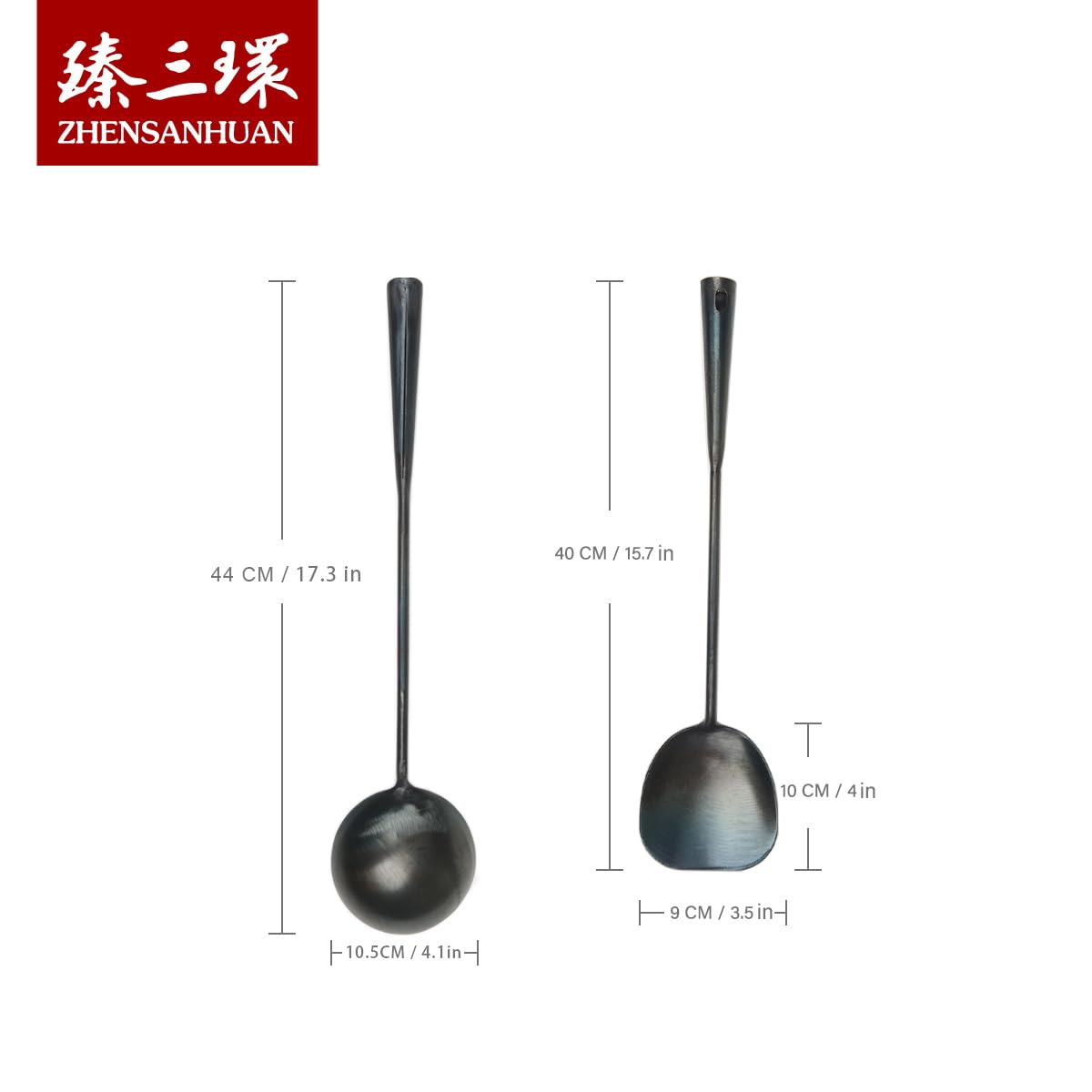Zhensanhuan Chinese Traditional Handmade Iron Spatula & Ladle Wok Tool Set,Long Wok Utensils (Ladle And Spatula Set)