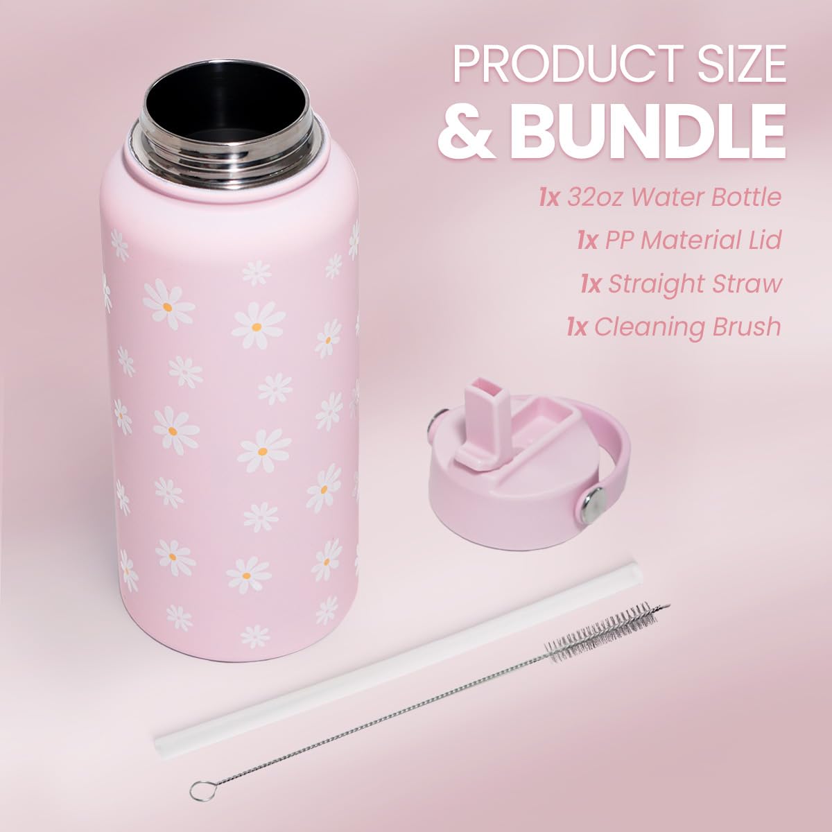 SANDJEST Daisy Water Bottle Stainless Steel 32oz Insulated with Lid, Flower Water Bottles Gifts for Women Girls Friends Teens Bi