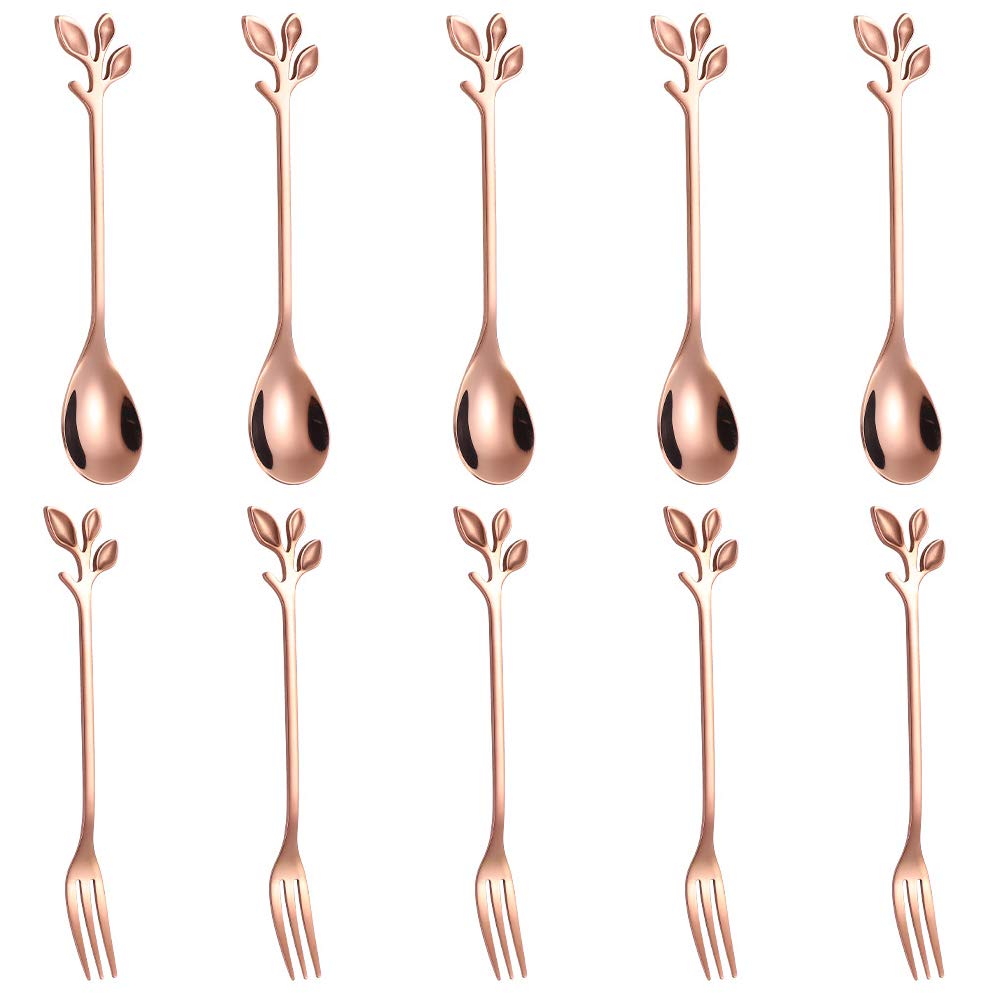 Stainless Steel Rose Gold Leaf Coffee Cake Spoon Fork-Ansaw 10Pcs 4.7 Creative Tableware Dessert Spoons, Stirring, Mixing, Sugar