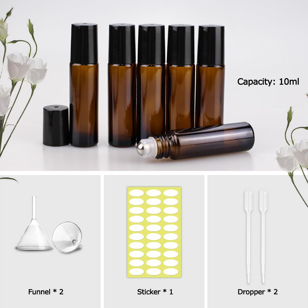 sungwoo 12 Pack Essential Oil Roller Bottles Stainless Steel  10ml Amber Glass Roller Bottles with Caps for Travel  Perfume and Lip Gloss