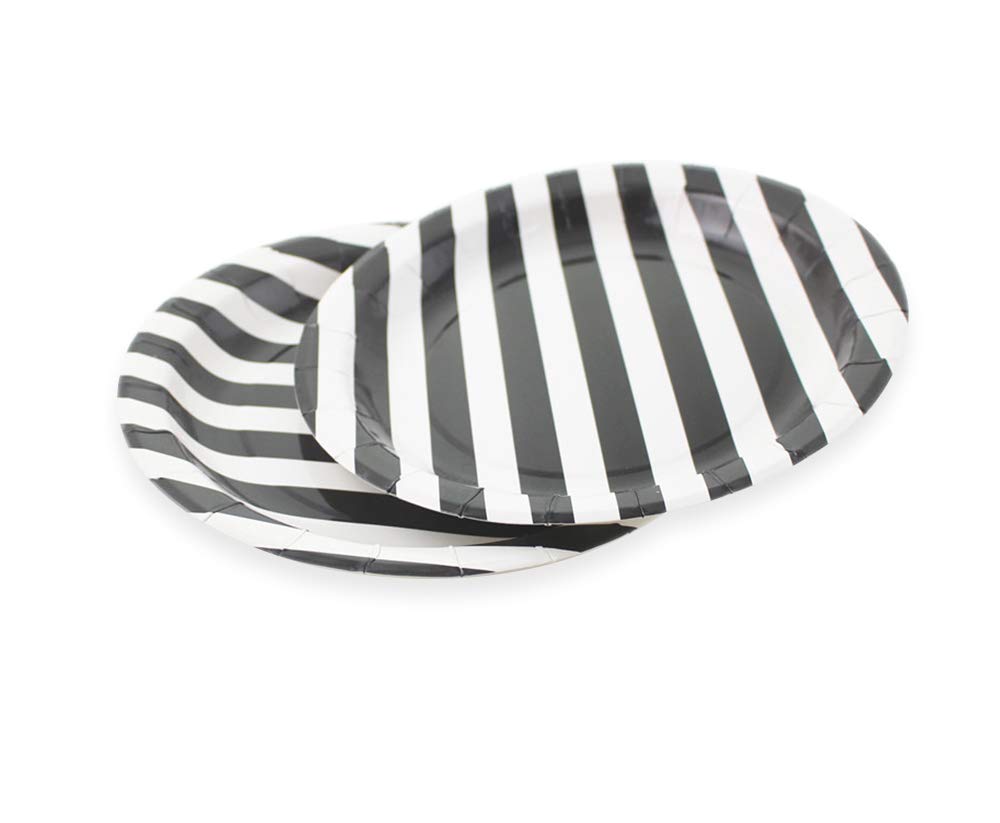 Dulousia Black Striped Paper Plates 36Pcs - 9Inch Round Party Plates For Dessert, Cakes, Fruits