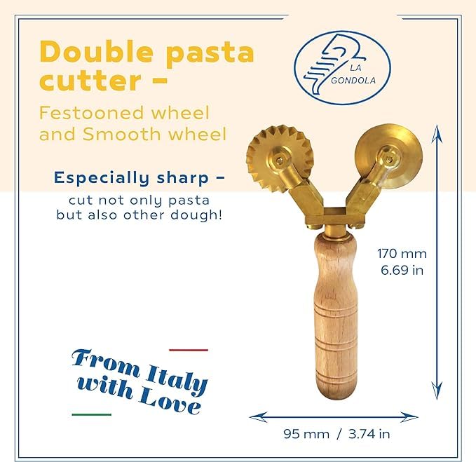 La Gondola Homemade Pasta Cutter - Double Wheel (Festooned & Smooth) | Pasta Making Tool For Home And Business | Brass & Natural