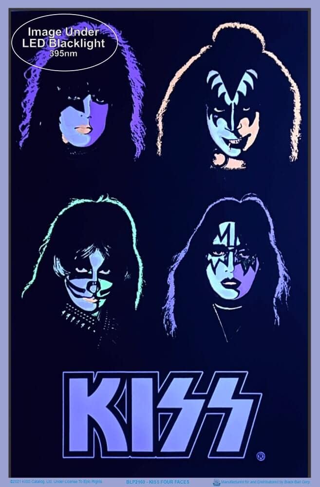 Kiss - Four Faces - Officially Licensed, Authentic Blacklight Flocked Poster - 23'' X 35''