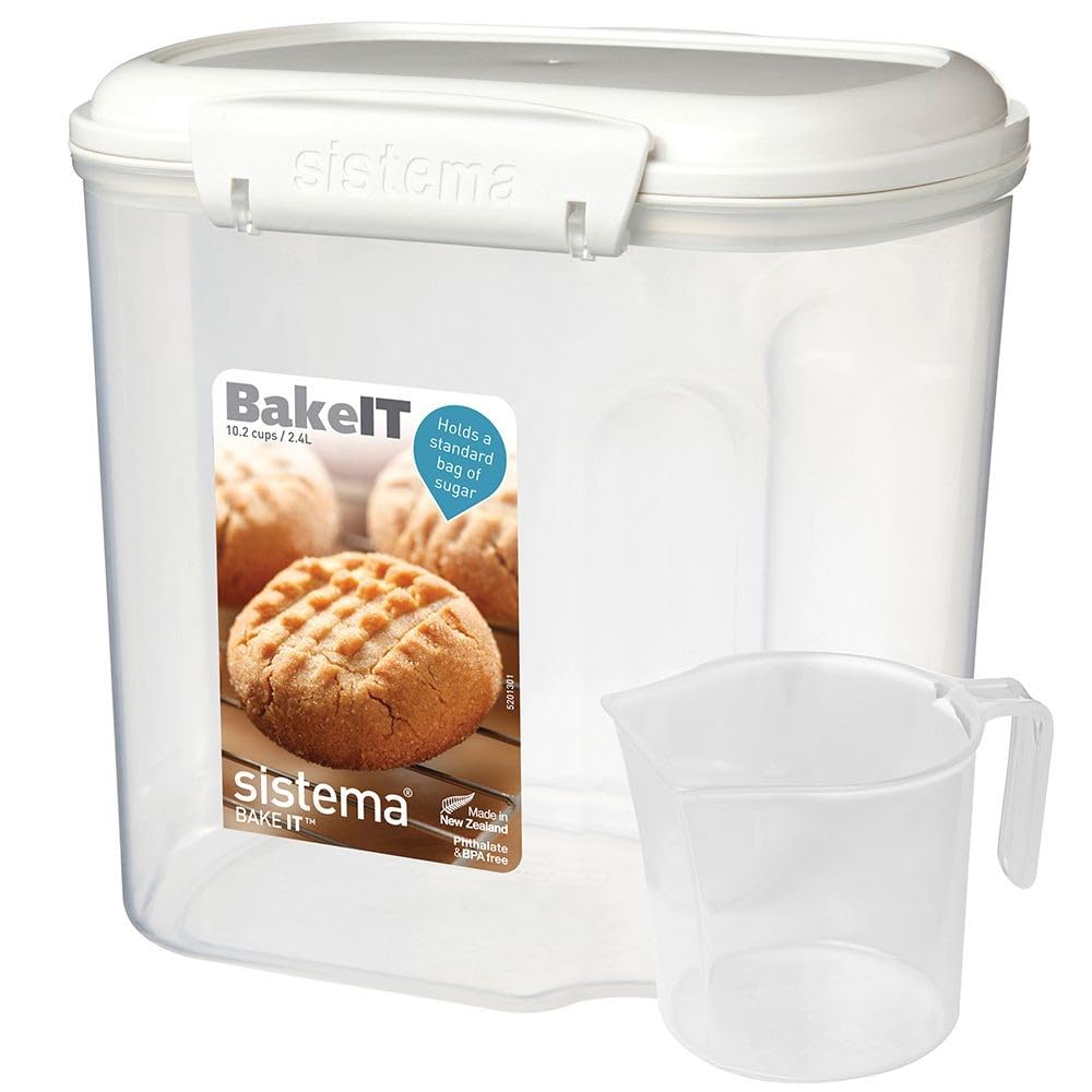 Sistema Flour And Sugar Storage Containers For Pantry With Lids And Measuring Cup, Dishwasher Safe, 10.2-Cup, White