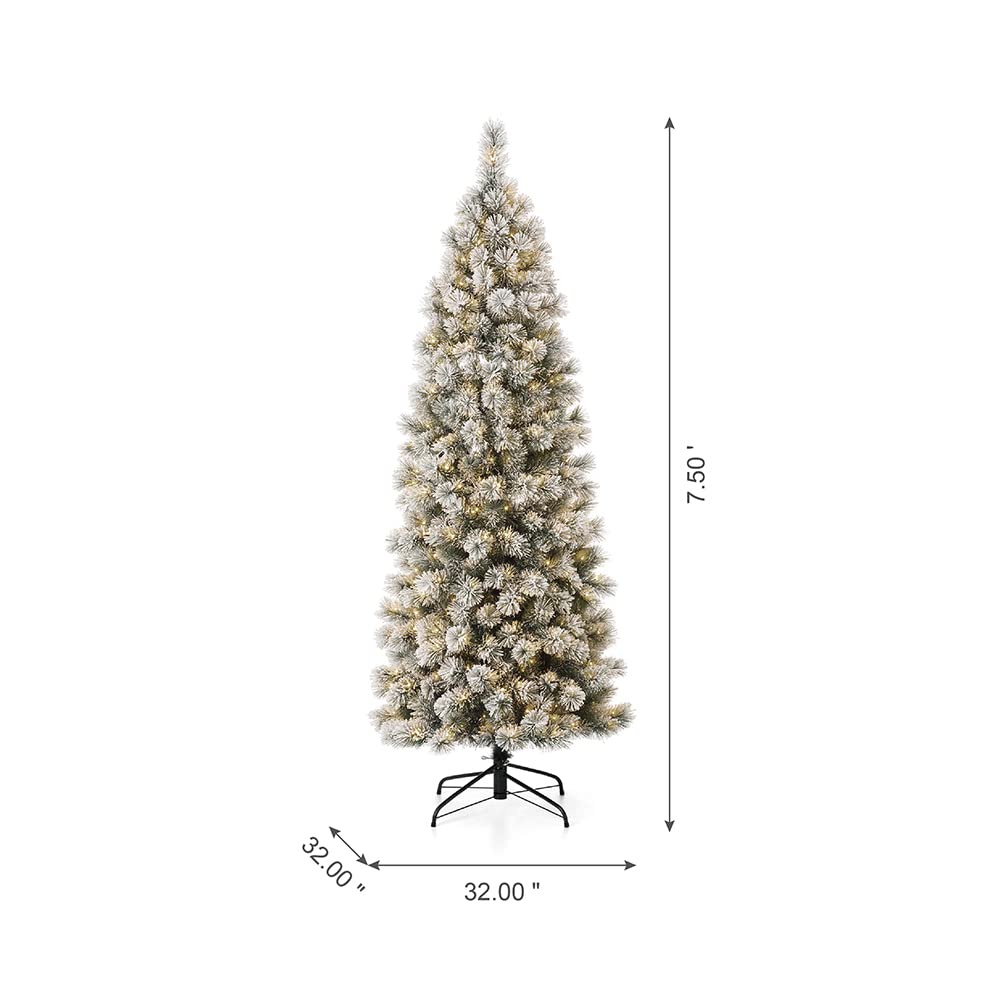 Glitzhome 7.5ft Prelit Christmas Tree, Artificial Christmas Tree with 350 Warm White Lights, Flocked Pencil Christmas Tree and F