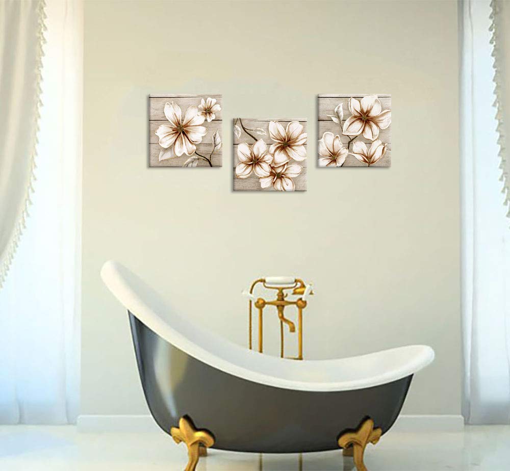 Zlove 3 Pieces Abstract Rustic Flower Pictures Wall Art Golden Botanical Blossoms Floral Painting Vintage Artwork For Bathroom B
