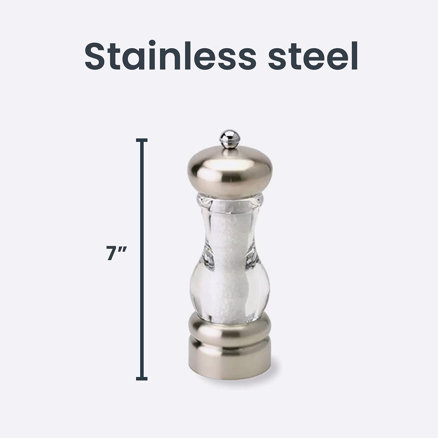 Olde Thompson 7" Stainless Steel Salt Mill - Pre-filled Sea Salt, Adjustable Grind, Nickel, Model 3821-40, Silver/Clear