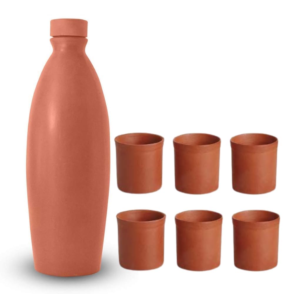 EcoFriendly 1 Litre 100% Terracotta Clay Water Bottle With Lid | Earthen Clay Bottle | Mitti Water Bottles | Handmade Water Bot