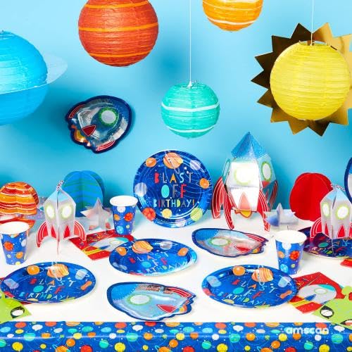 Vibrant Multicolor Blast Off Birthday Beverage Napkins (5'' X 5'') Pack Of 16 - Unique & Fun Design, Soft & Absorbent Paper Napk