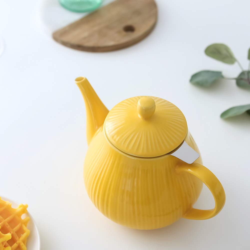 Koov Ceramic Teapot With Infuser, 40 Ounce Tea Pot With Infuser For Loose Tea, Large Enough For 6 Cups, Striped Series (Lemon)