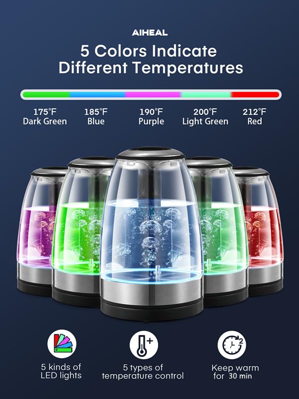 Electric Kettle, Aiheal Glass Kettle Temperature Control With 5 Colors Led Lights Variable, Keep Warm, Fast Boiling Electric Ket