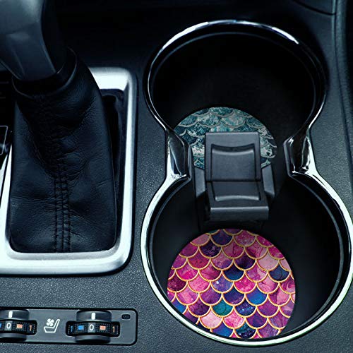 Caribou Coasters, Mermaid Scales Blue Wave + Pink Mermaid Scales Design Absorbent Round Fabric Felt Neoprene Car Coasters For Dr