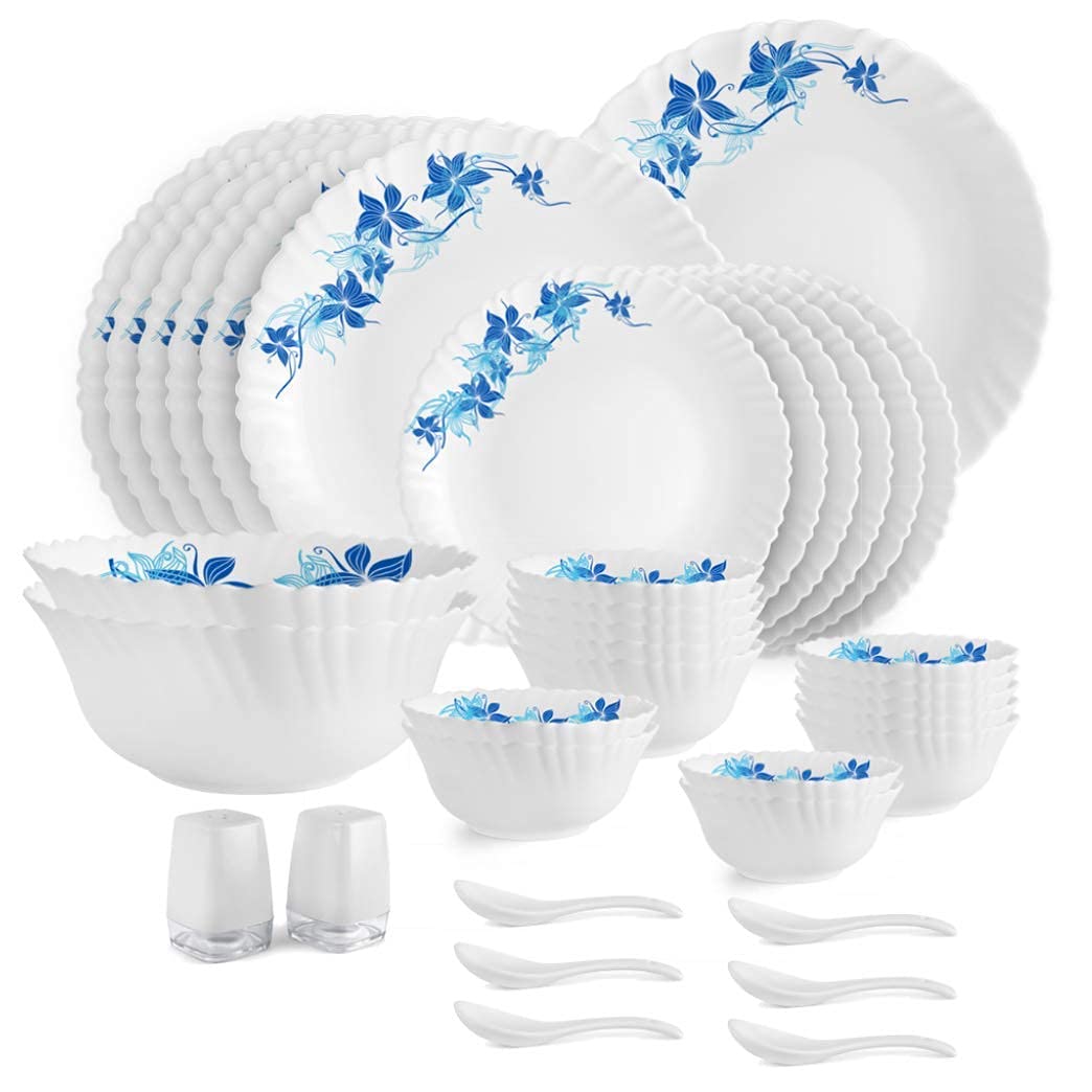 Cello Blue Swirl Dazzle Series Opalware Dinner Set Of 35 Pieces For Family Of 6 | Bone-Ash Free & Leadfree Opal Glass, Microwave