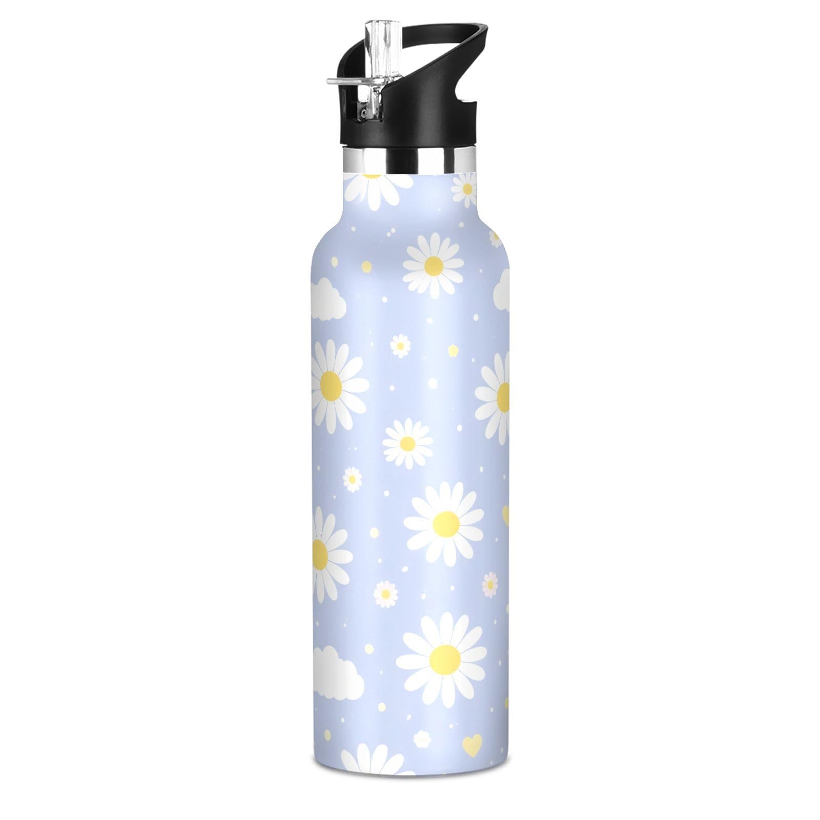 Daisy Cloud Sports Water Bottle with Straw Lid Boys Girls Vacuum Insulated Water Flask Leakproof Stainless Steel School Sport 20