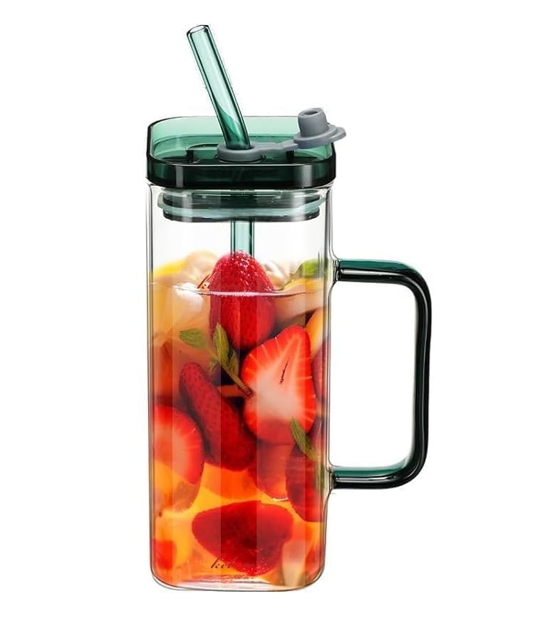 MYNA LIFE Square Multicolor Drinking Glass Tumbler with Lid and Straw Set of 1, 400ml Square Glass Mug with Colored Handle Iced 
