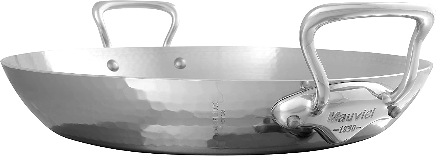 Mauviel M'Elite 5-Ply Hammered Polished Stainless Steel Paella Pan With Cast Stainless Steel Handles, 15.7-In, Made In France