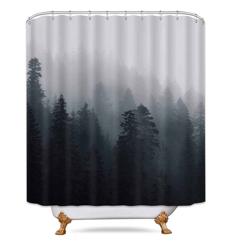 Riyidecor Gothic Fabric Dark Mens Shower Curtain Set For Bathroom 72Wx72H Inch Nature Tree Spooky Mountain Foggy Woodland Bath C