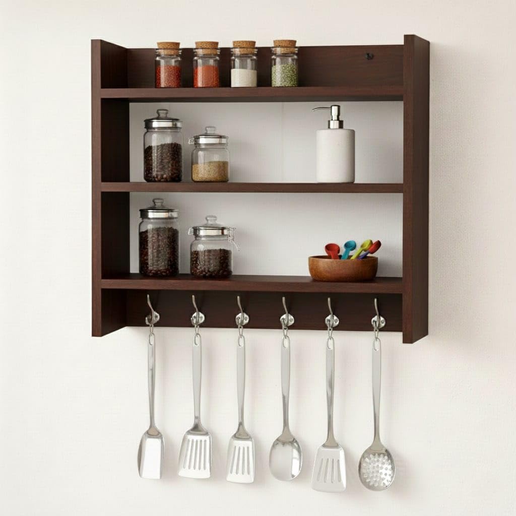 Firebees Wall Mounted Kitchen Organizer Rack Wooden With Hooks | Kitchen Shelf Storage Rack For Spices, Containers & Utensils | 