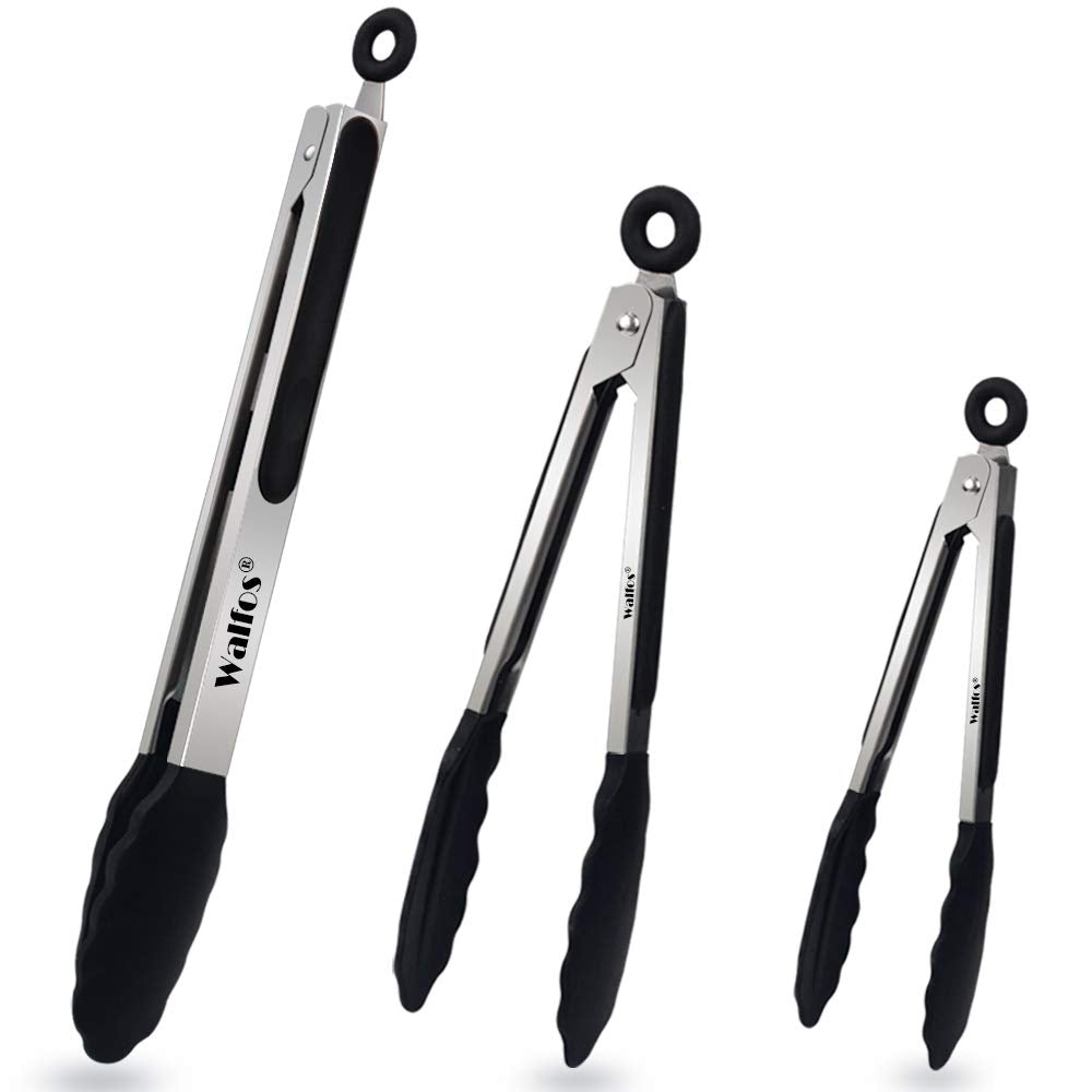 Walfos Kitchen Tongs - Heat Resistant Cooking Tongs Set Of 3, Stainless Steel And Bpa Free Silicone Tips, Great For Cooking, Gri