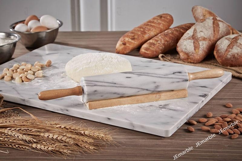 Jemarble Rolling Pin-Wooden Handles(White)(Premium Quality) Polished Surface 18-Inch(10''Barrel) Genuine Stone Non-Stick Save Ef