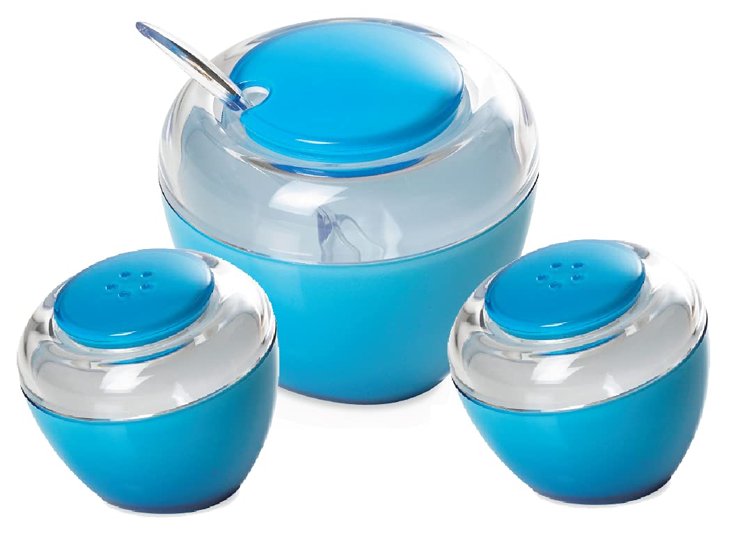Omada Sugar Bowl + Salt/Pepper Shakers: Blue Acrylic Spice Dispenser And Sugar Bowl Set - Cute Kitchen And Table Accessories - E