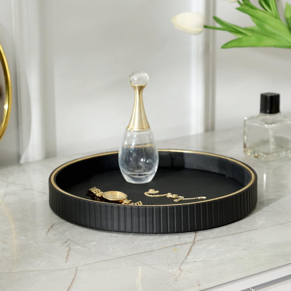 Enhabit Columns Round Vanity Tray  Black | Decorative Make Up/Cosmetic Organizer For Home Decor | Durable Pu Leather Material