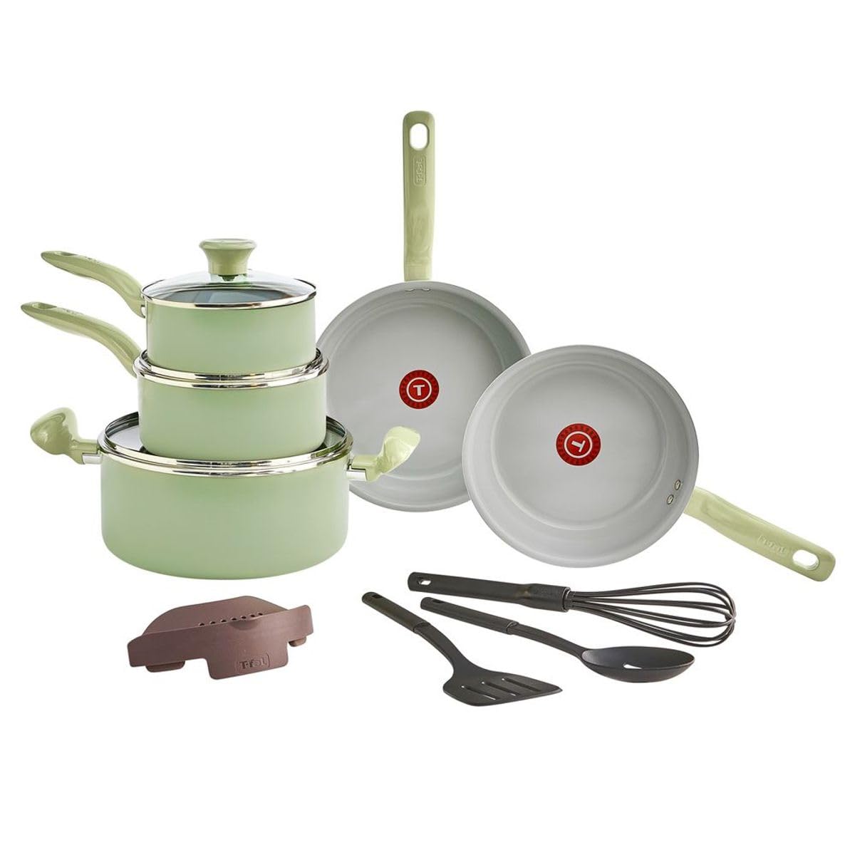 T-fal Recycled Ceramic Nonstick Cookware Set 12 Piece, Oven Safe 350F, Pots and Pans, Fry Pan, Kitchen tools, Green