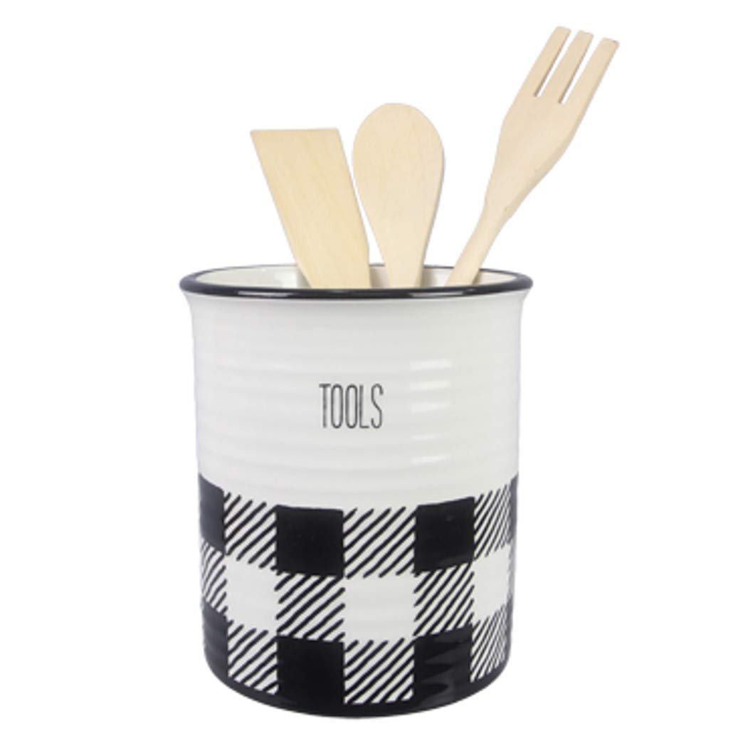 Young'S 21076 Buffalo Plaid Kitchen Tool Holder With Tools, Ceramic, Black And White