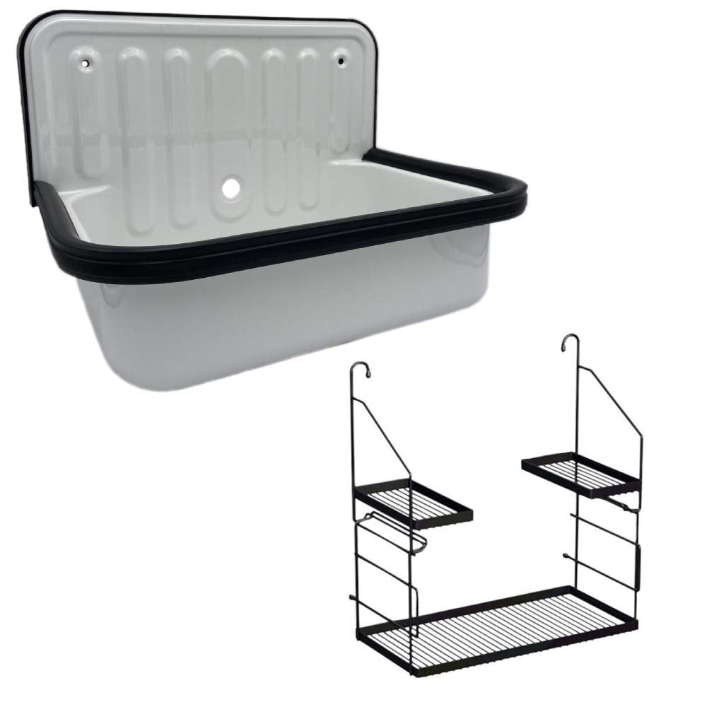 Alape Bucket Sink Small Service Sink Glazed Steel Utility Sink And Utensilo Storage Caddy, With Overflow, Black Trim