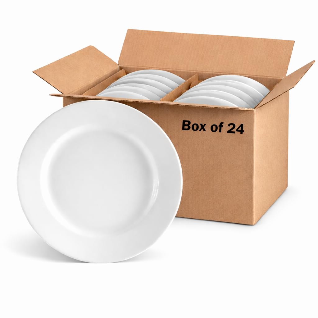 CAC China RCN-8 Clinton Rolled Edge 9-Inch Round Porcelain Dinner Plate Set Super White, Microwave & Dishwasher Safe, Box of 24