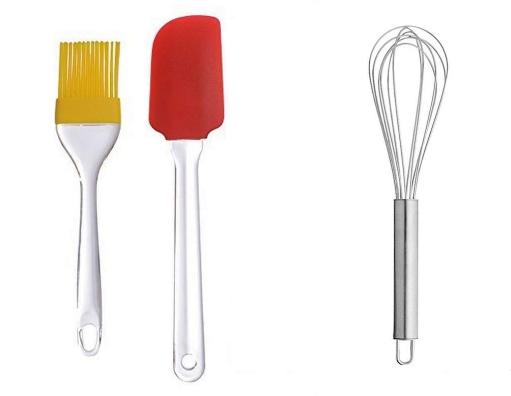 Svdk Silicone Spatula And Pastry Brush Set & Steel Hand Whisk Egg Frother, Handle Milk Egg Beater Whisk Shaker (9Inch)