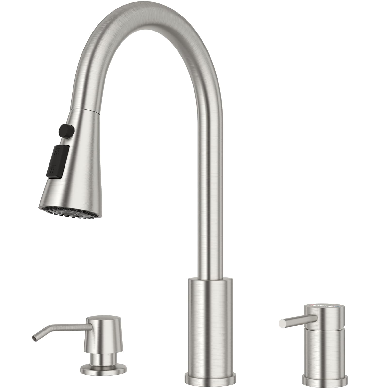 Dayone 3 Holes Kitchen Faucets With Soap Dispenser, 2 Holes Brushed Nickel Kitchen Sink Faucet With Pull Down Sprayer, Side Sing