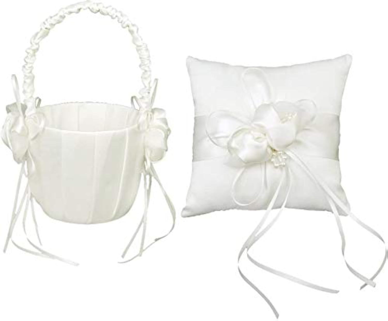 Taotenish Wedding Ring Pillow Flower Girl Basket Set White Satin Ring Bearer Pillow Flower Girl Basket For Wedding Party Supplie
