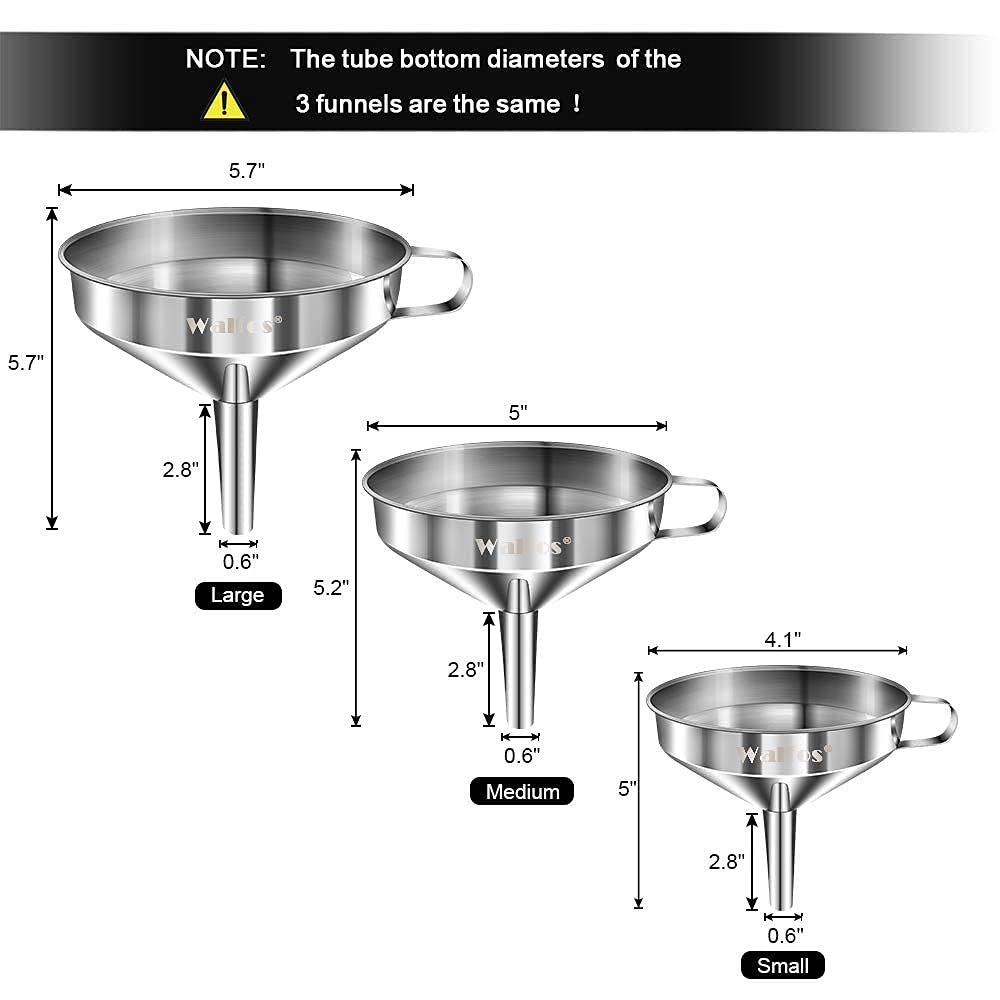 Stainless Steel Funnel, Walfos 3 Pack Kitchen Funnel With 2 Removable Strainer & 1Pcs Cleaning Brush, Perfect For Transferring O