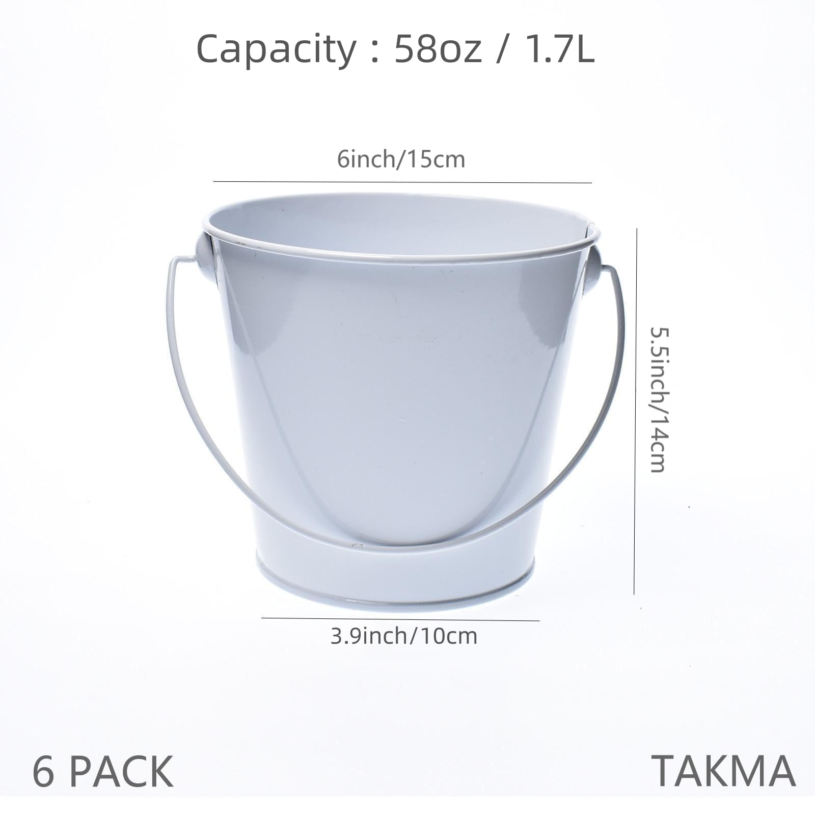 TAKMA Colored Metal Buckets with Handle - 6 Pack 6 Inch Galvanized Iron Pail Bucket for Kids Classroom Crafts and Party Favors (White  6'' Top)