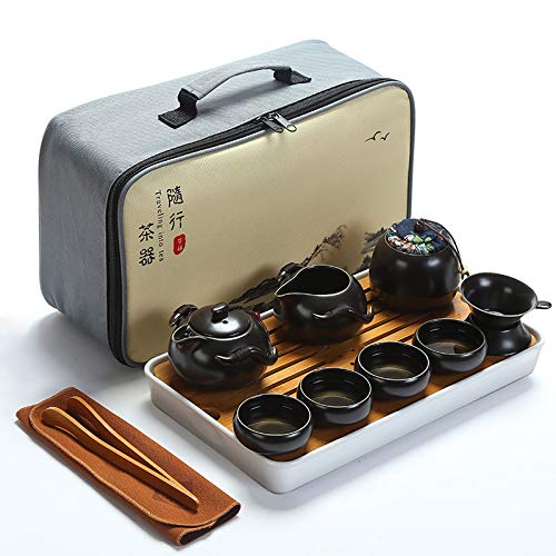 Fanquare Portable Travel Tea Set,Handmade Kungfu Tea Set,Porcelain Teapot,Teacups,Bamboo Tea Tray With A Portable Travel Bag,Bla
