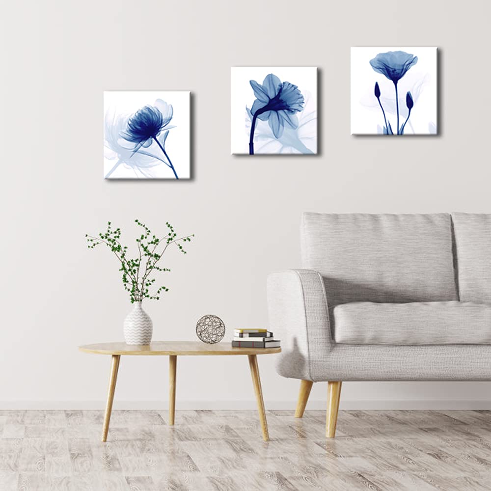 Wieco Art Blue Abstract Flowers 3 Panels Giclee Canvas Prints Wall Art Modern Pictures Artwork For Living Room Bedroom And Home