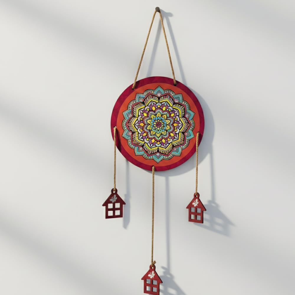 Decorique Mandala Wall Hanging With Wooden House Charms Multicolour Decorative Wall Art For Living Room Bedroom Door Home Decor 