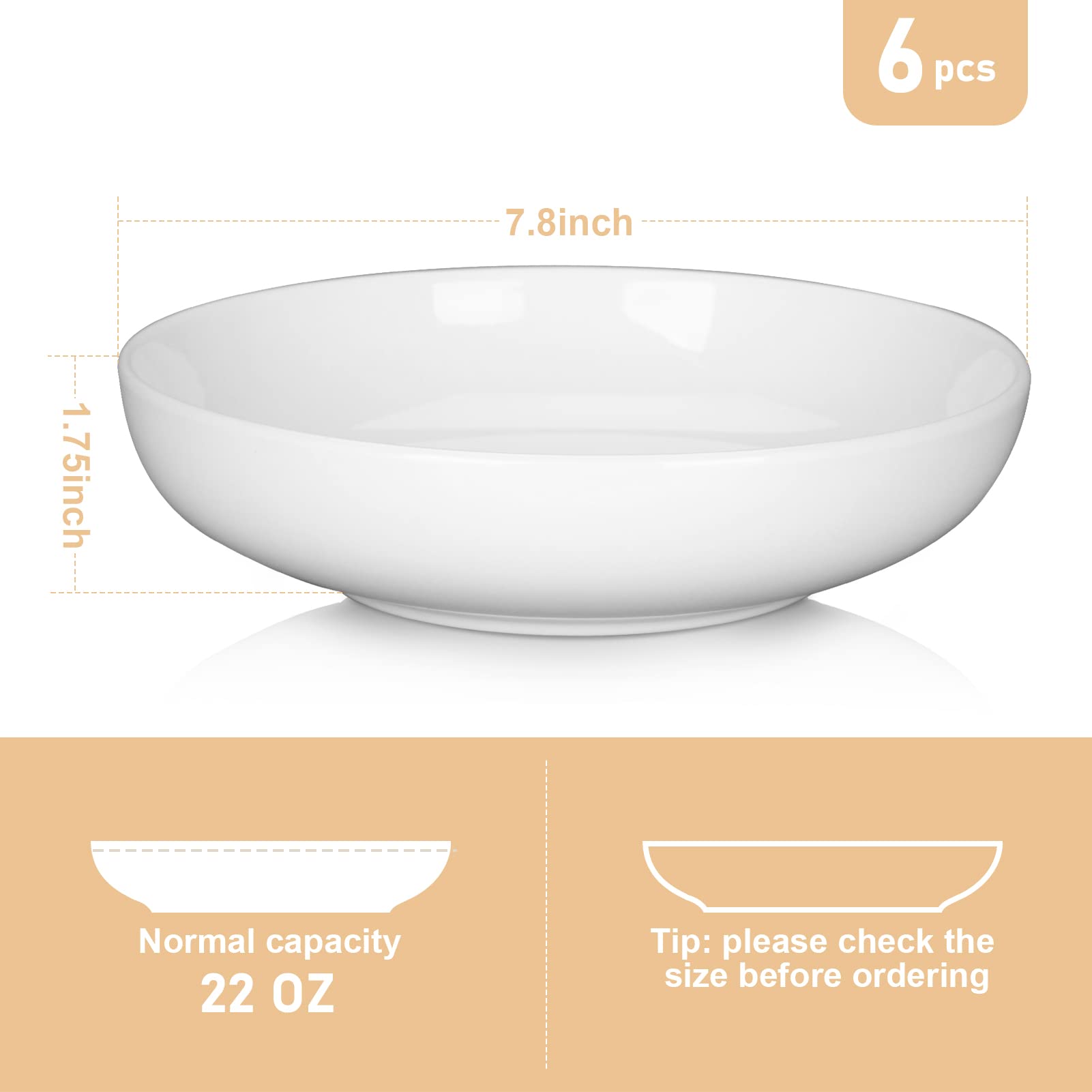 Cibeat 22 Ounce Porcelain Pasta Bowls Set 6 Pack Premium Ceramic Large Capacity Plates For Salad And Soup, Serving Bowl, Microwa