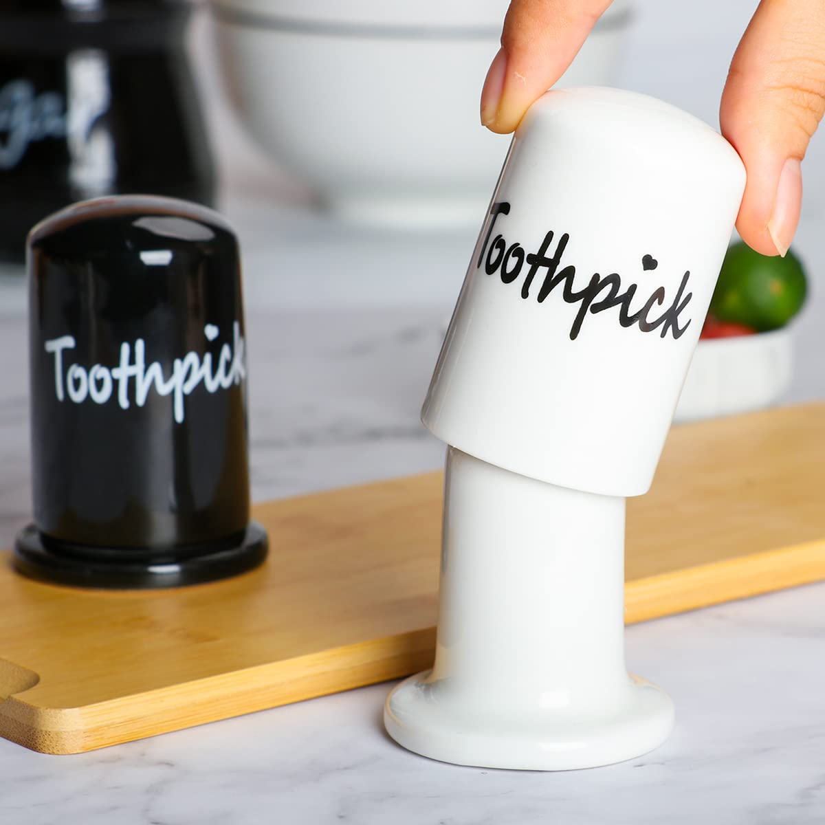 Swetwiny Ceramic Toothpick Holder Set Of 2, Porcelain Toothpick Holder Dispenser With Lid For Home And Kitchen Decor (White+Blac