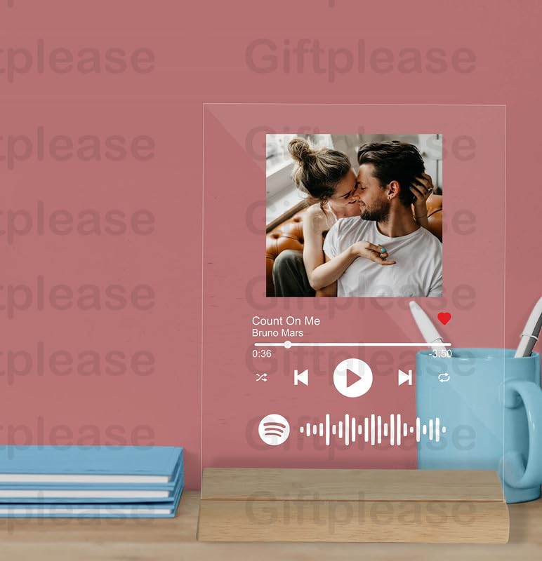Giftplease Customized Photo And Tabletop Song Glass Spotify Plaque With Wooden Stand|Personalized Rectangular Photo Music Frame