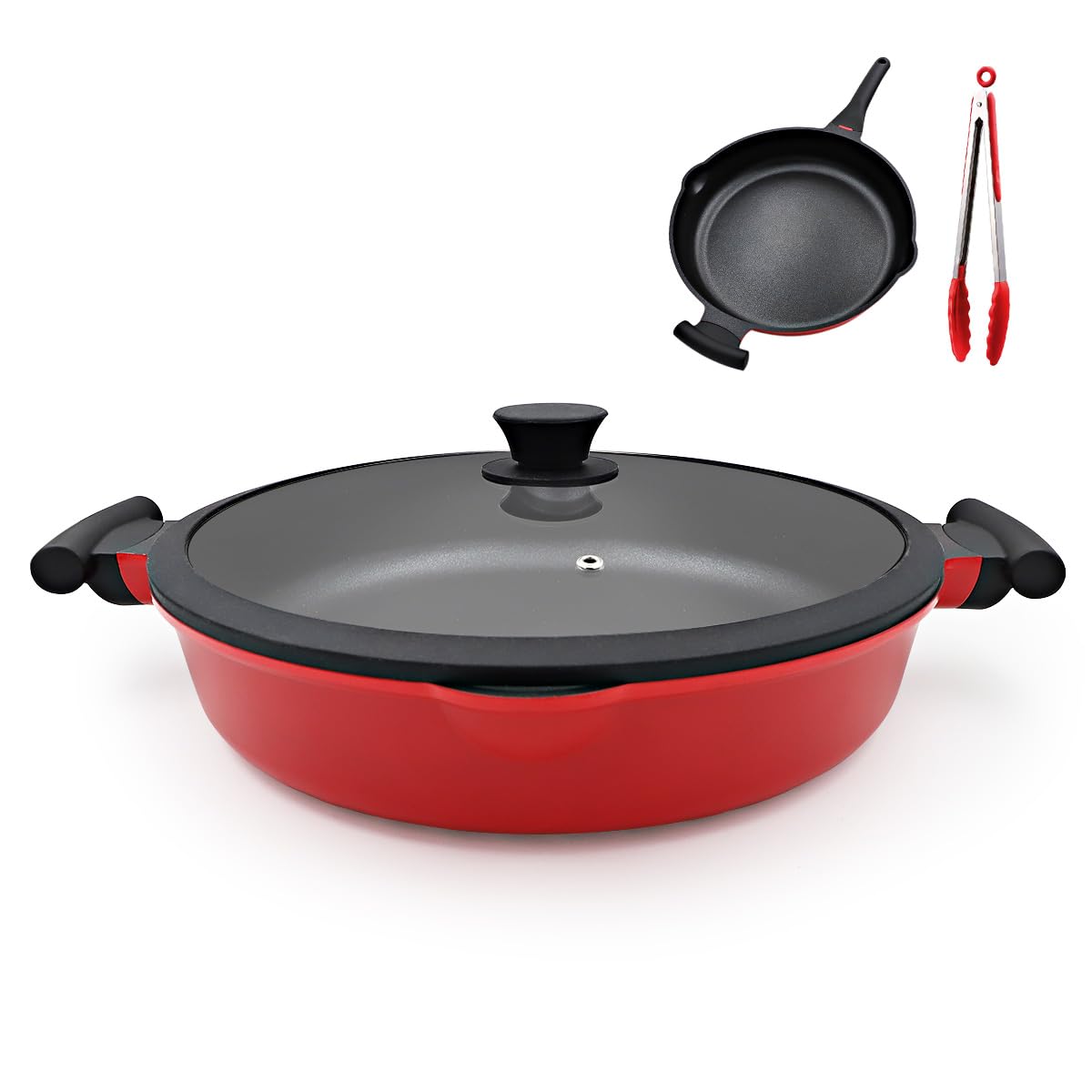 AIKENBBKK 14 Inch Deep Frying Pan with Lid, Large Skillet Nonstick, Red
