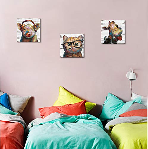 Visual Art Decor Funny Animal Wall Art Giraffe Pig Cat Decor Pictures, Framed Canvas Artwork Nursery Wall Decor, Home Office Kid