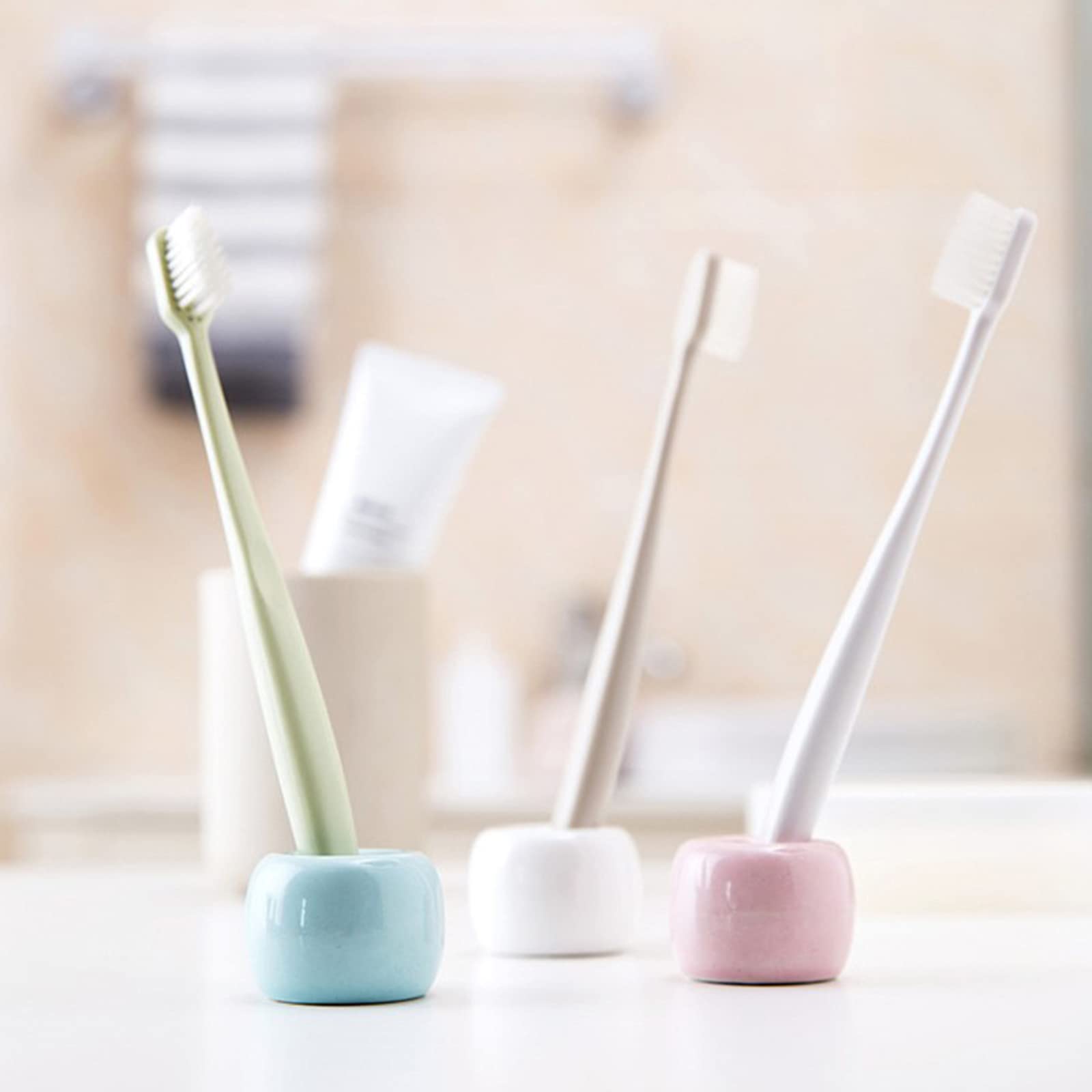 Savagrow 4Pcs Mini Ceramic Toothbrush Holders Couple White/Blue/Grey/Pink Bathroom Toothbrush Holder Stand