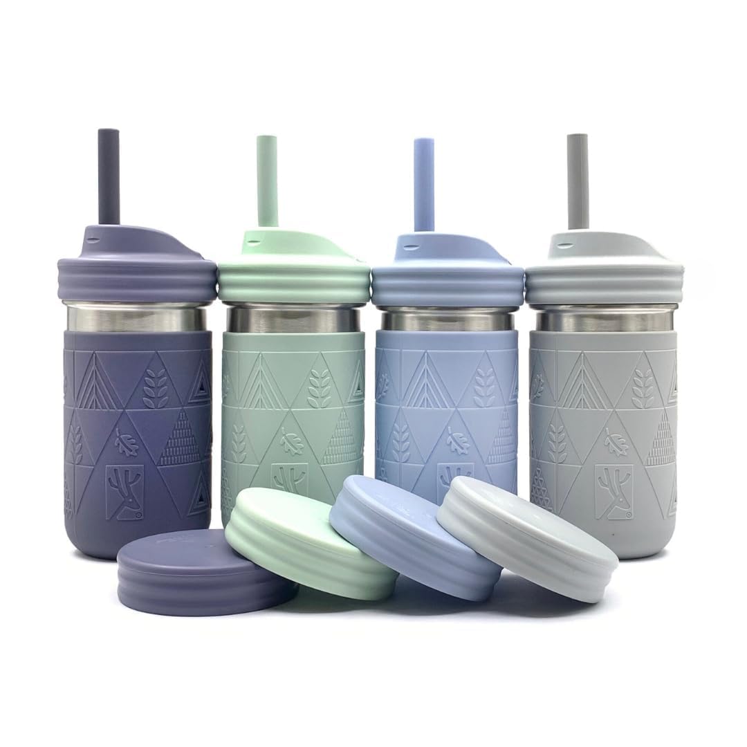 Elk and Friends 14oz Stainless Steel Kids + Toddler Drinking Cups | The Original Mason Jar with Sleeves + Lids | Silicone Straws