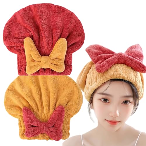 New Super Absorbent Hair Towel Wrap for Wet Hair, 2 Packs Efficient Hair Towel Cap Dry Quickly and Naturally (Red+Orange)