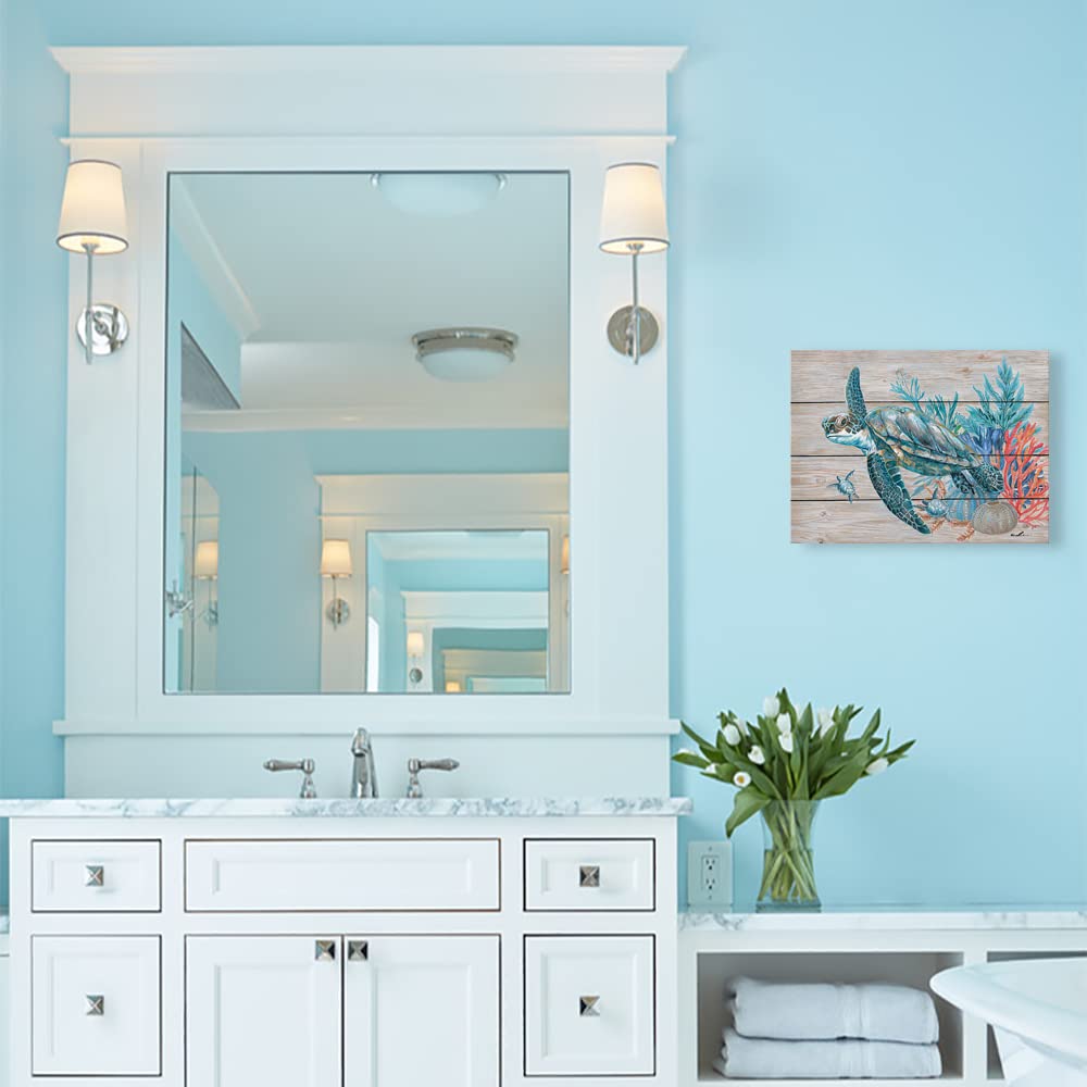 Teal Bathroom Decor Wall Art, Beach Turtle Swim Under The Ocean With Coral And Turquoise Seagrass On Rustic Wood Panel Backgroun