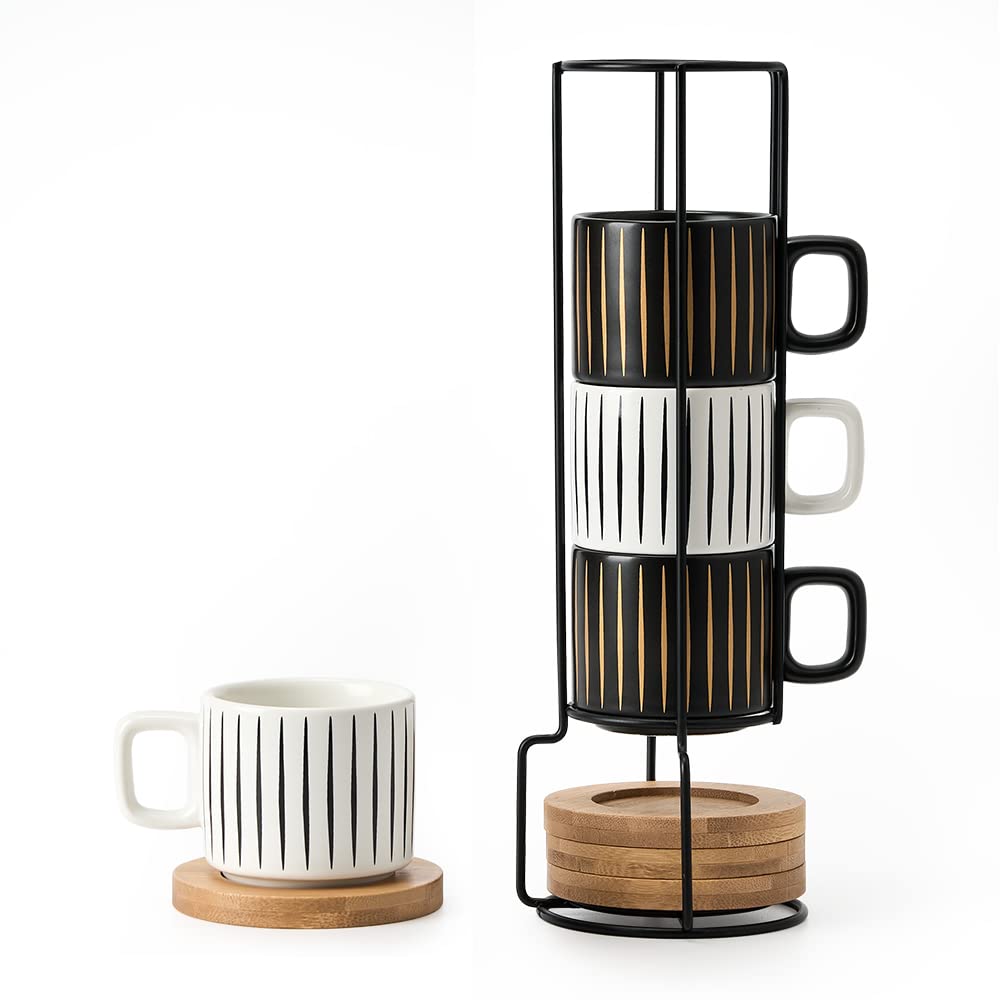 LUKA Porcelain Espresso Cup with Saucer and Metal Stand, 4 Ounce Stackable Ceramic Demitasse Espresso Mugs Cups Set for Latte, S