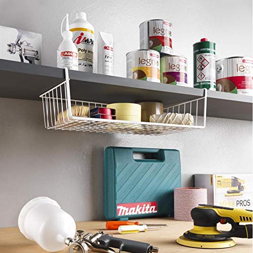 Tebery 2 Pack White Under Shelf Wire Basket Hanging Storage Baskets, Under Cabinet Add-On Storage Racks Slide-In Baskets Organiz
